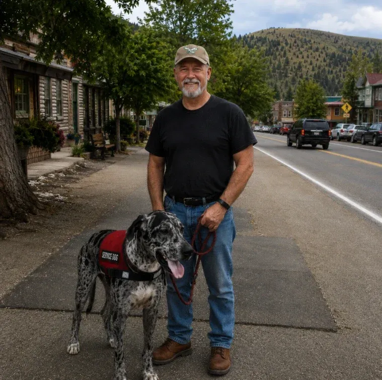 Man standing on a small-town sidewalk with his Great Dane service dog